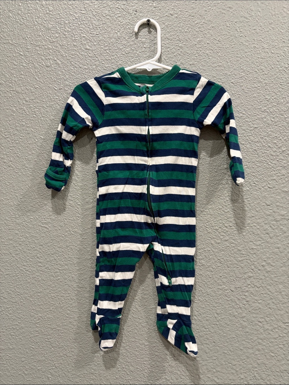 Green, Navy & White Striped Baby Footed One-Piece